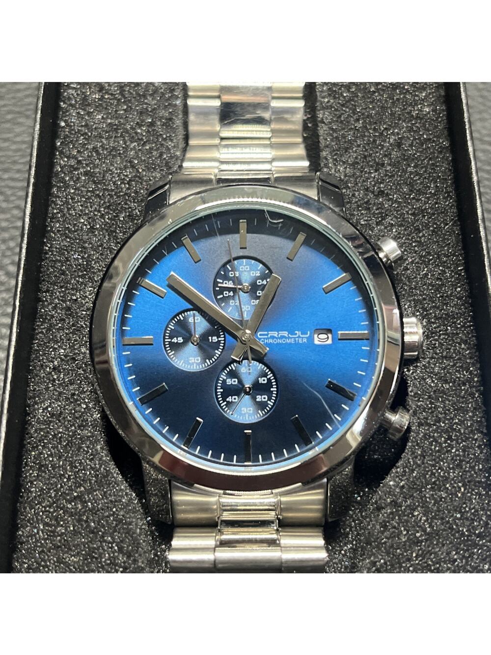 CRRJU Watch Mens 45mm Stainless Chronograph Blue Tone Date New Battery & Box.